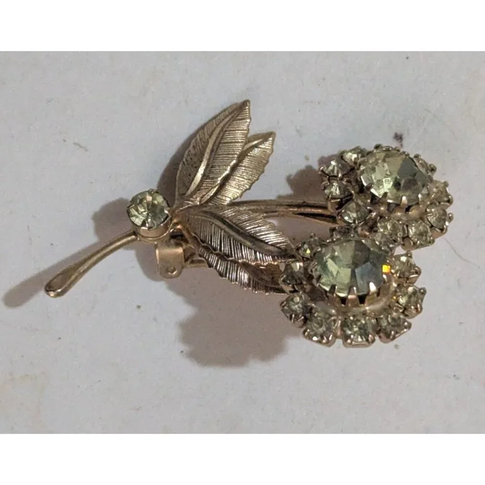 Vintage‎ Jonquil Rhinestone Floral Brooch Gold Tone 2